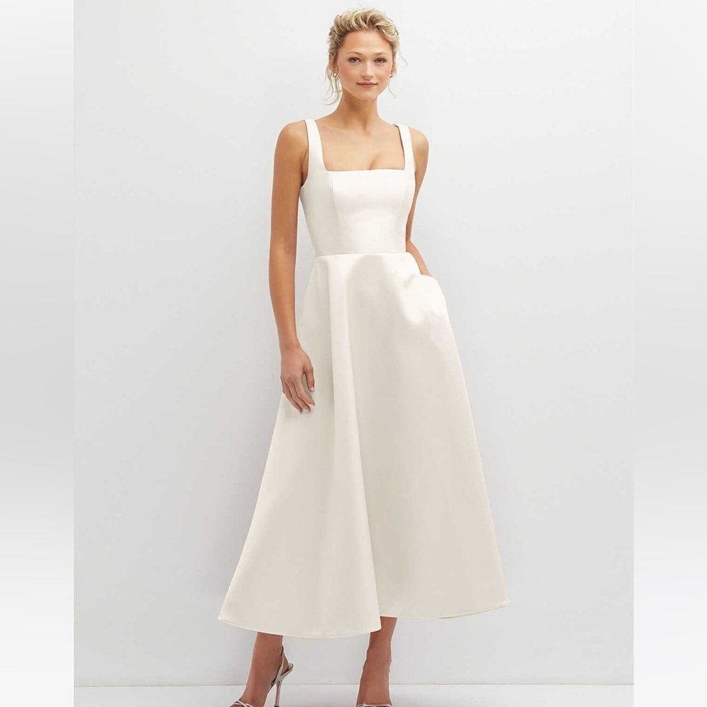 Dessy collection 	
3140 - Square Neck Satin Midi Dress with Full Skirt & Pockets